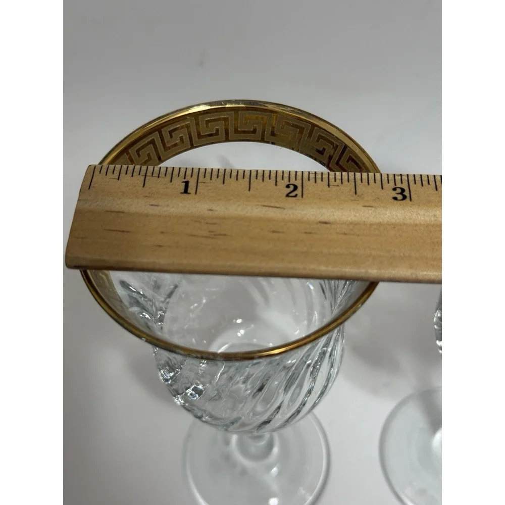 Vintage Gold Greek Key Wine Glasses Set‎ of 2 Optic Swirl Bowl Elegant Barware